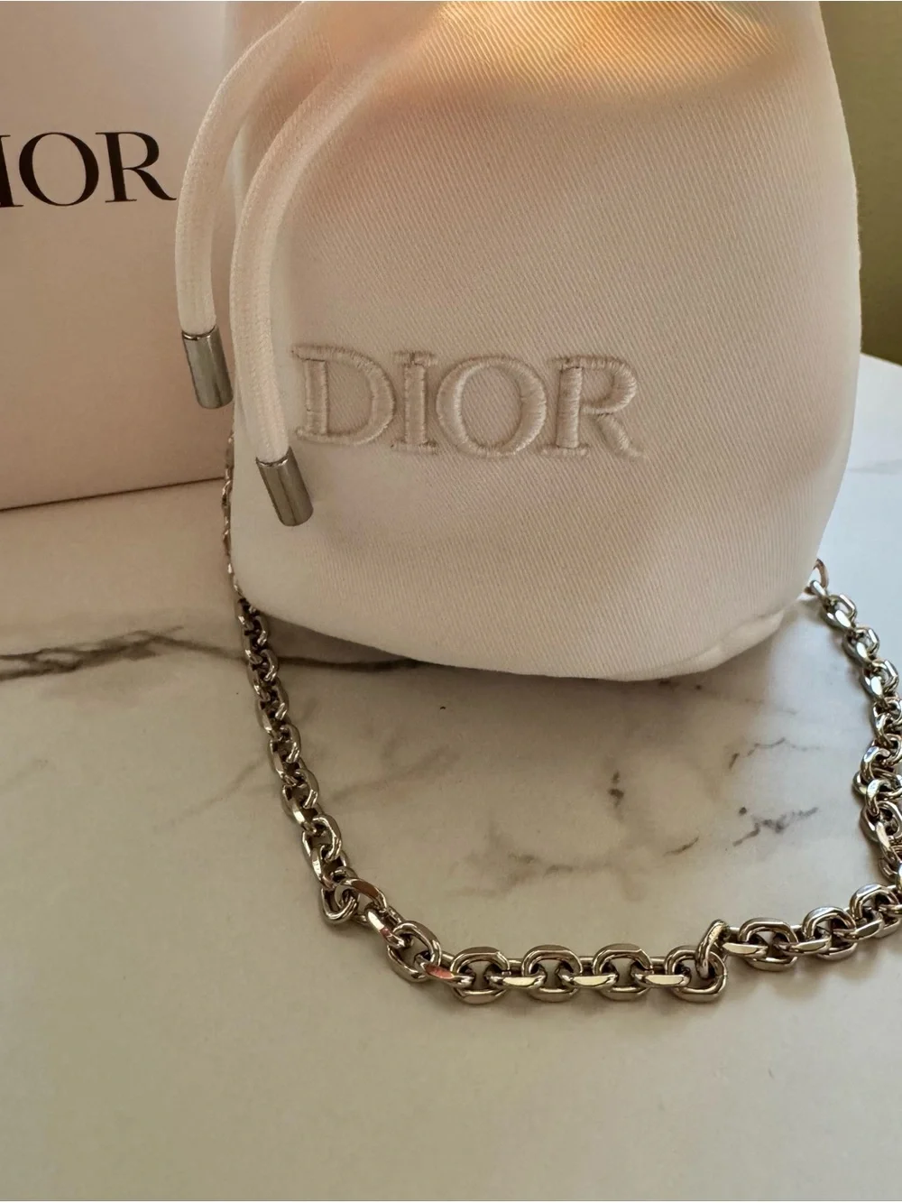 Dior White Drawstring Bucket Bag with Chain Strap brand new authentic!